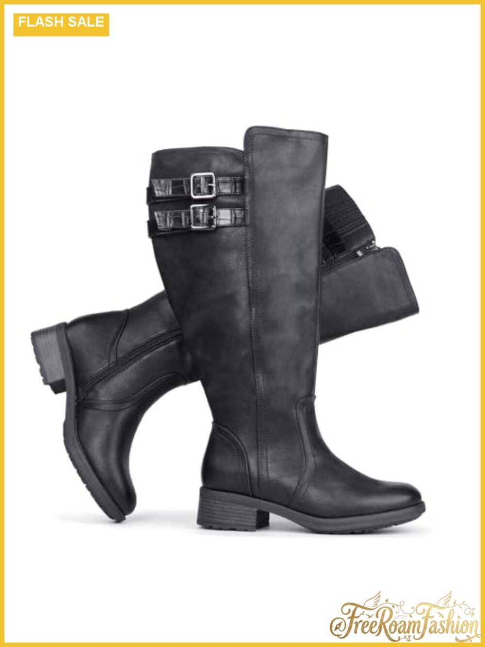 Women's Extra Wide Calf Knee High Boots Block Heel Stretch Buckle